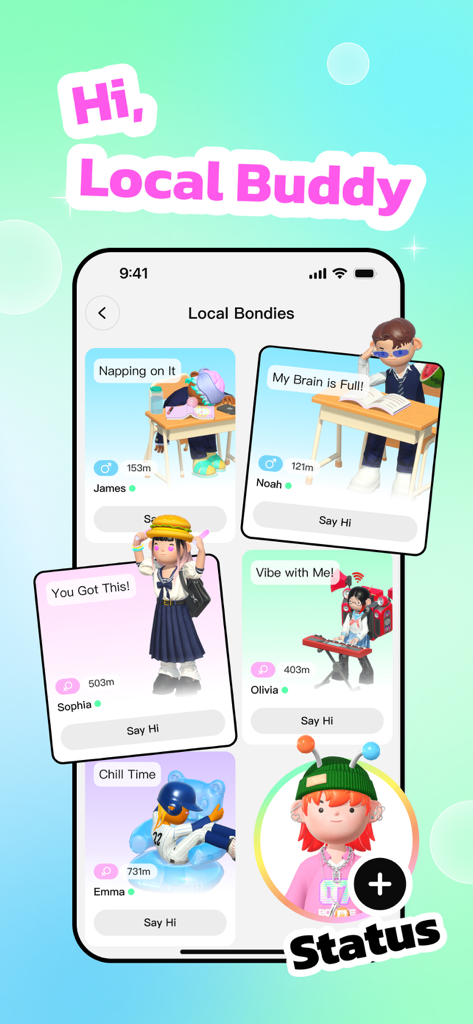 Bondee - Play, Chat, Bond - Bondeeアプリのインターフェースに、多様な3Dアバターとステータスアップデートが表示されたLocal Bondies機能が表示されている様子