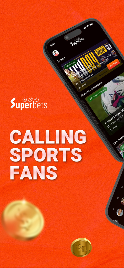 Pantalla de la aplicación móvil Superbets con desafíos de predicción deportiva y recompensas de premios sobre un fondo naranja brillante.