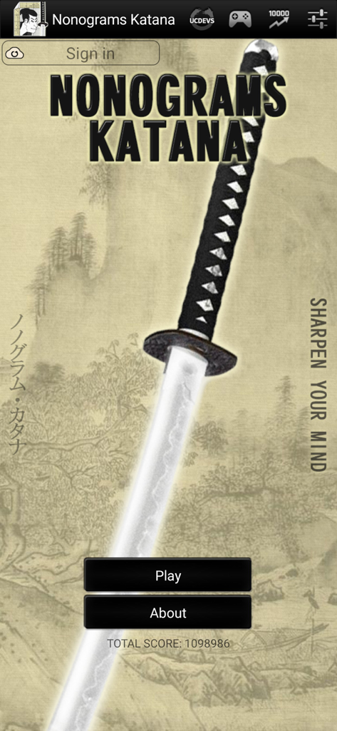 Main menu of the Nonograms Katana app featuring a Japanese katana sword and a traditional landscape background