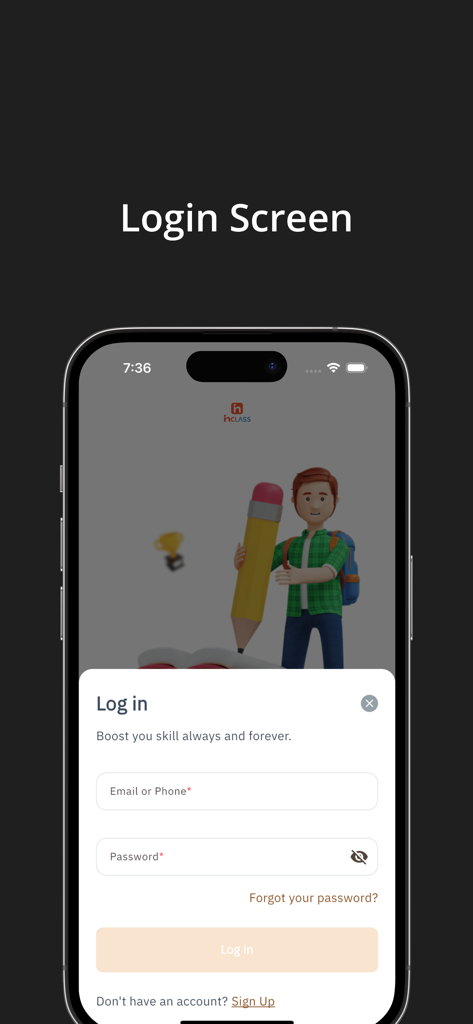 InClass KW - InClass KW mobile app login screen featuring a student character and login form