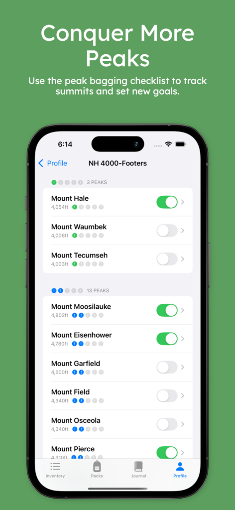 Pak Mule app interface showing a peak bagging checklist for NH 4000-Footers with summit tracking toggles.