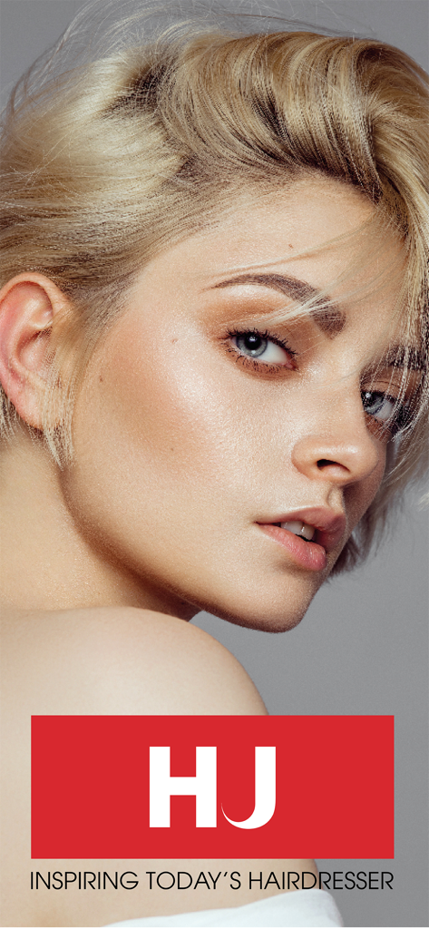 Hairdressers Journal Int - Pantalla de inicio de la aplicación Hairdressers Journal Int con un corte de pelo profesional rubio y el logo de HJ