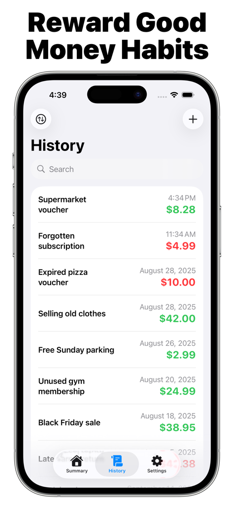 Money Habit Tracker: How Much? - History screen of the Money Habit Tracker app showing a list of financial habits, savings, and wasteful spending entries.