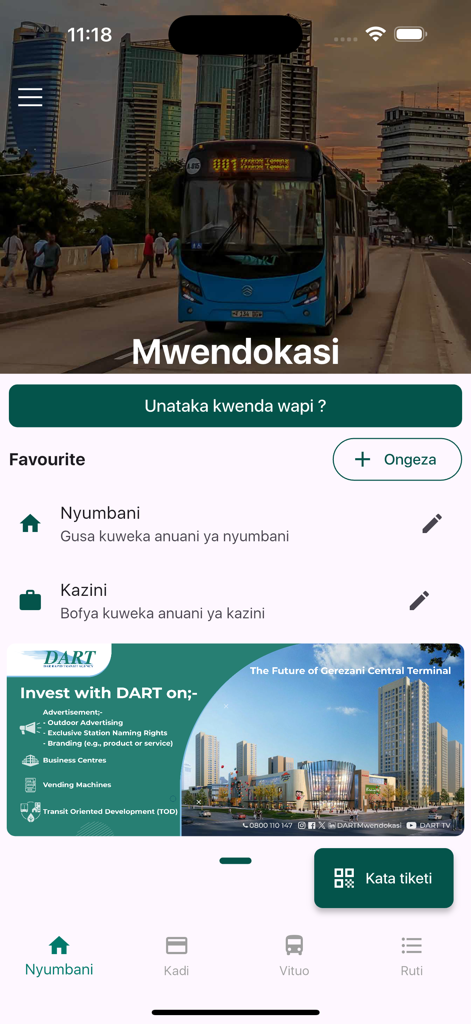 Home screen of the Mwendokasi app for Dar es Salaam Bus Rapid Transit navigation