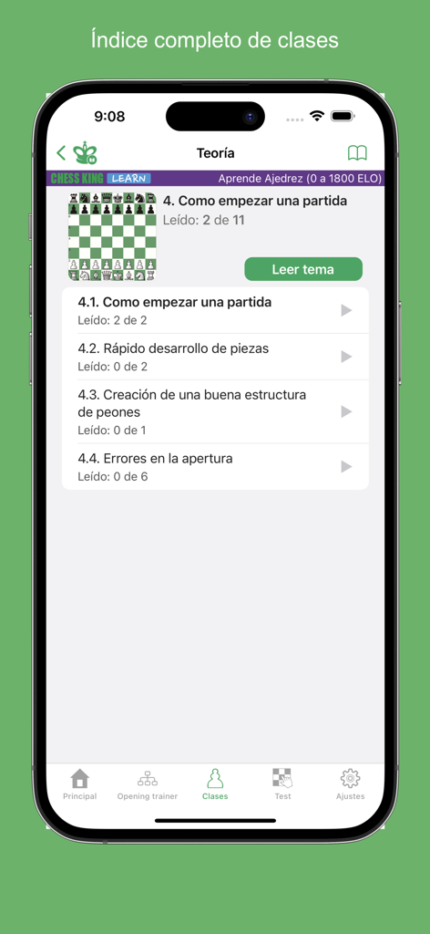 Chess King - Learn to Play - Mobile Benutzeroberfläche der Chess King App, die eine strukturierte Liste von Schachtheorie-Lektionen und Lernmodulen zeigt.