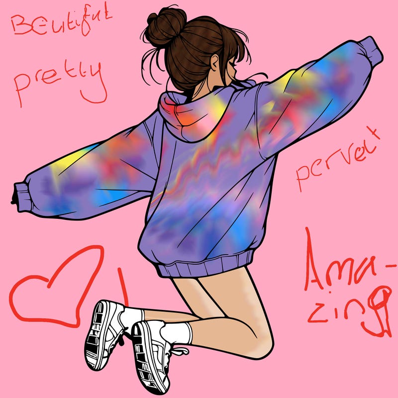 realistic girl jumping with a bun and oversized sweatshirt