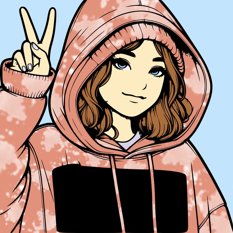 realistic girl in an oversized hoodie showing an ✌️