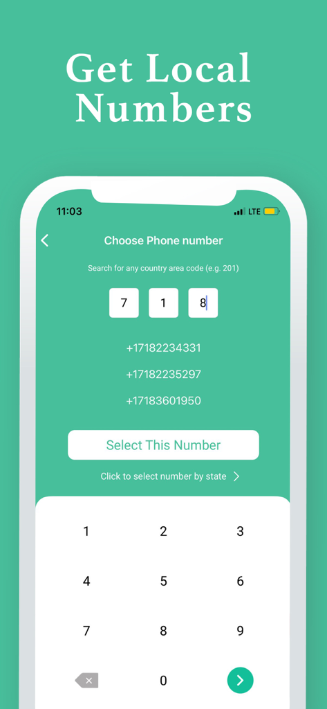 2nd Line, Second Phone Numbers - Una pantalla de la aplicación móvil que muestra opciones para elegir un número de teléfono local de EE. UU. por código de área.