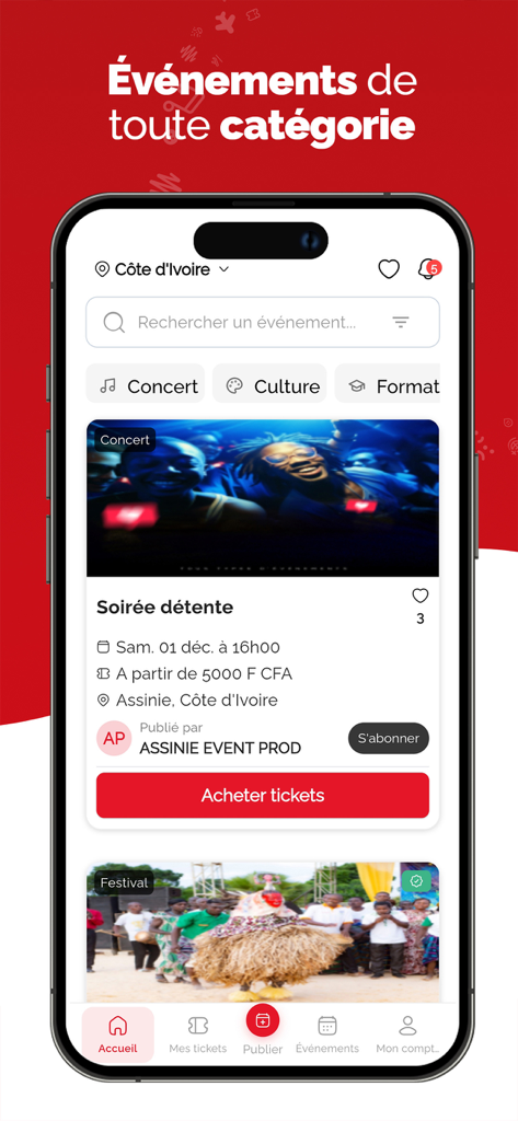 Interface da aplicação móvel Tikerama exibindo categorias de eventos e uma listagem de concertos locais com um botão para comprar bilhetes.