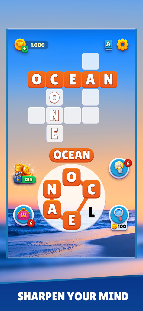 Gameplay screen of Word Universe showing a crossword puzzle with a beach background