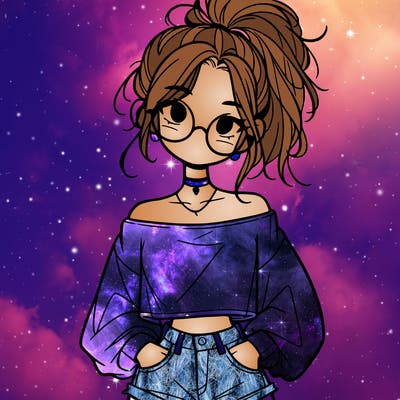 girl with a messy ponytail glasses a baggy crop top and jean shorts