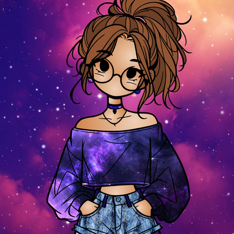 girl with a messy ponytail glasses a baggy crop top and jean shorts