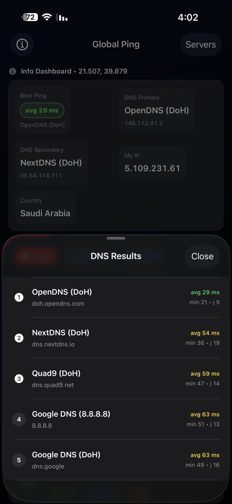 MY Ping app dashboard showing DNS server latency results and network connection details