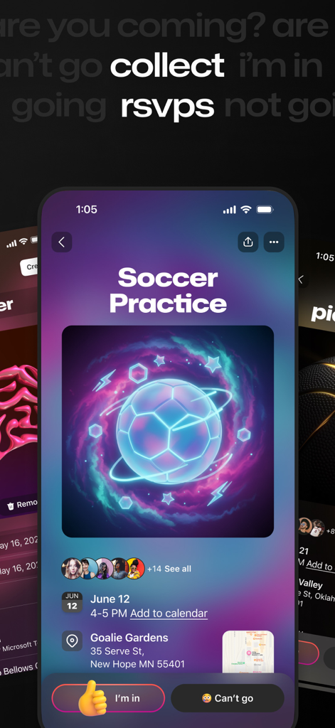 Pantalla de la aplicación GroupMe que muestra una invitación a un evento de práctica de fútbol con botones de confirmación de asistencia