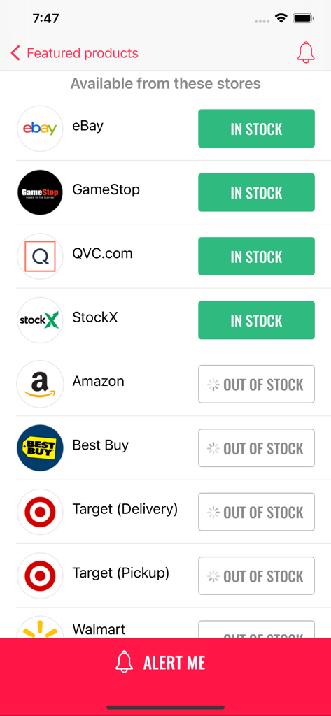 A list of retailers showing real-time product availability status within the HotStock app