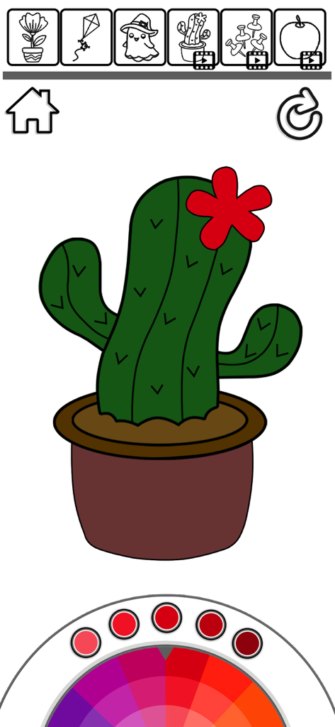 Color By memory: Coloring Book - A digital coloring book interface showing a colored green cactus with a red flower in a brown pot
