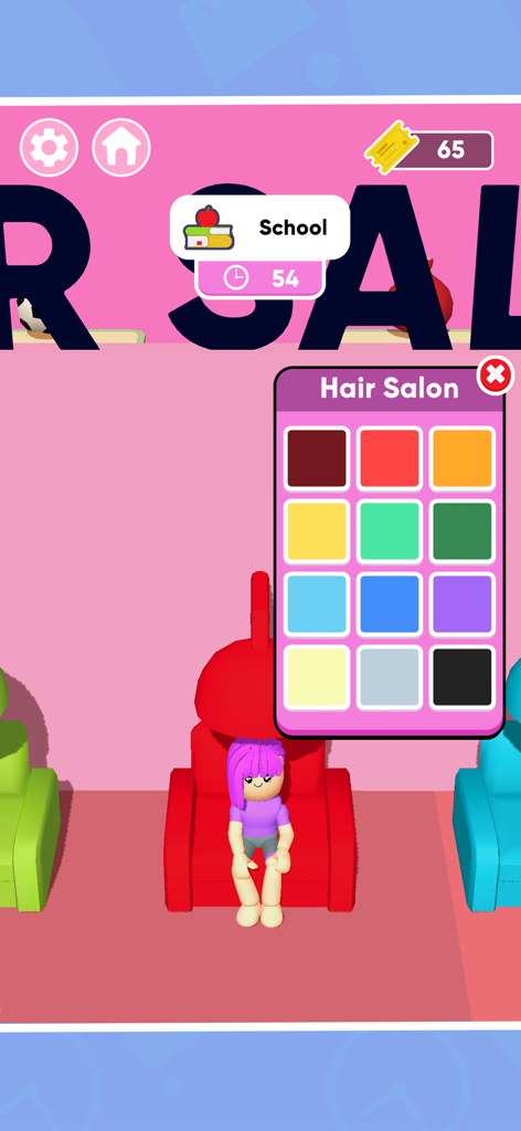 Famous Fashion - Dress Up Game - A character selecting a hair color in a hair salon menu for a school themed fashion battle.