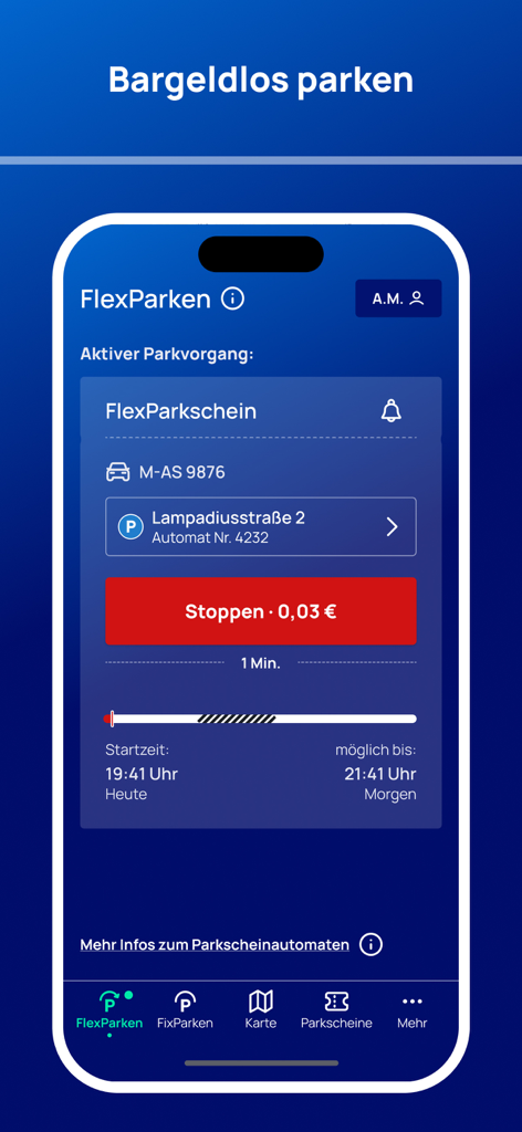Interface of the HandyParken Munchen app showing an active FlexParken session with a stop button and license plate details