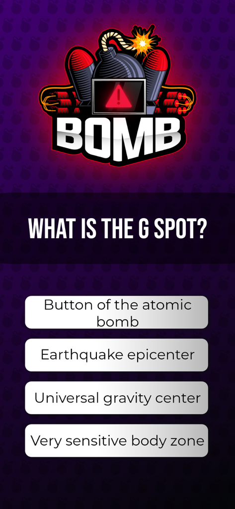 DrinksApp interface showing The Bomb game mode with a spicy trivia question and multiple choice answers.