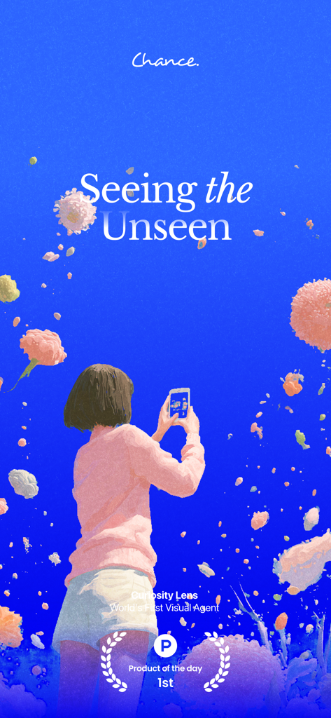 Chance AI - Visual Search - A woman using the Chance AI curiosity lens app against a bright blue background with floating flowers