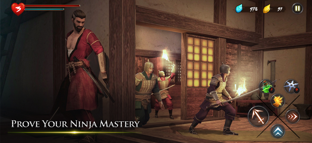 Takashi - Ninja Samurai Game - Takashi the ninja hiding behind a pillar while samurai guards with torches patrol a room