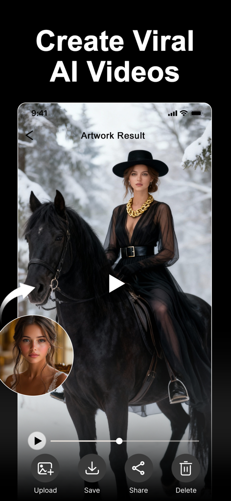 Vidmor-AI Video Generator - Interfaz de la aplicación Vidmor AI, mostrando un video cinematográfico de una mujer montando a caballo en un bosque nevado generado a partir de una foto de retrato.