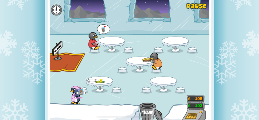 Penguin Diner: Restaurant Dash - Camarera pingüino sirviendo a clientes en un restaurante helado en Penguin Diner