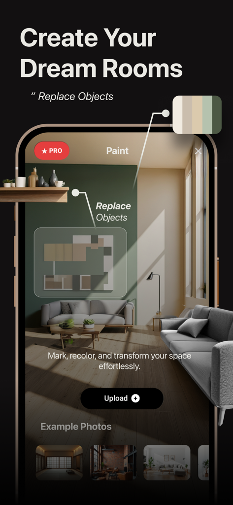 Interior AI: AI Home Designer - 가상 거실에서 개체를 교체하고 벽 색상을 변경하는 방법을 보여주는 Interior AI 앱 인터페이스