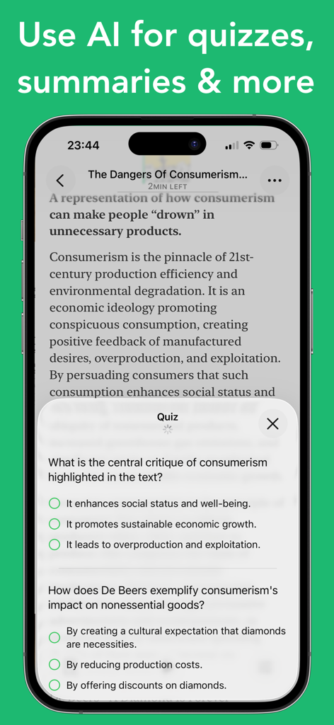 Outread: Speed Reading - Outread app interface displaying an AI generated reading comprehension quiz