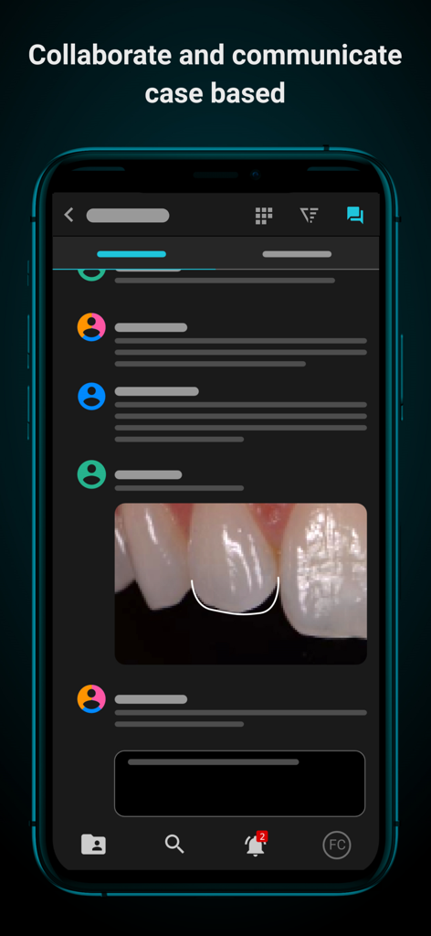 Mobile app screen showing professional dental case chat and smile design simulation