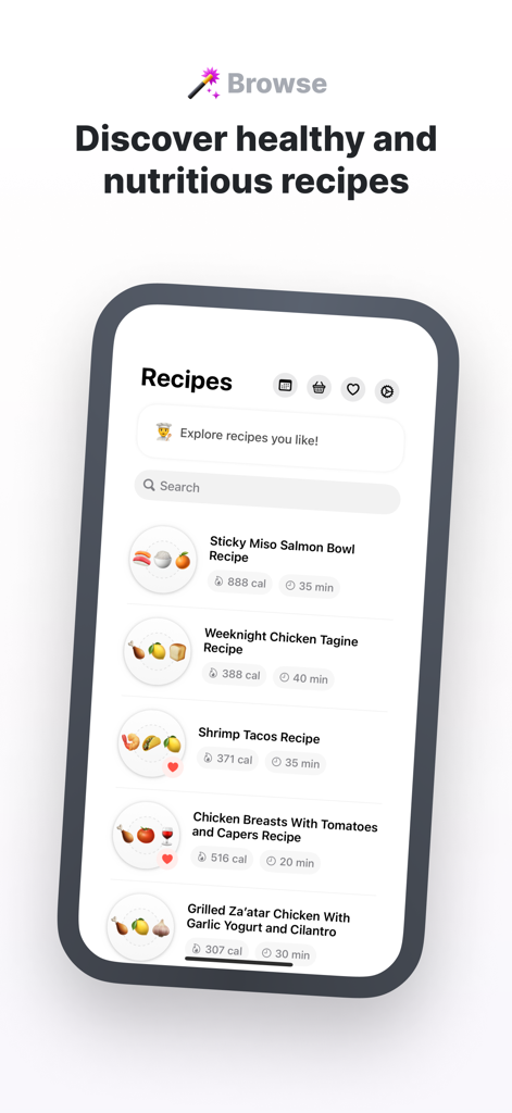 Remy - Recipes & Meal Planner - A mobile screen showing a list of healthy and nutritious recipes in the Remy app including calorie counts and cooking times.