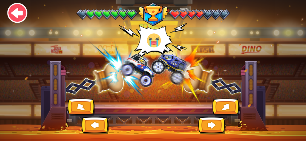 Monster Truck Games kids - Zwei Monstertrucks kollidieren in einer Stadionarena mit Sprechblasen und kinderfreundlicher Steuerung