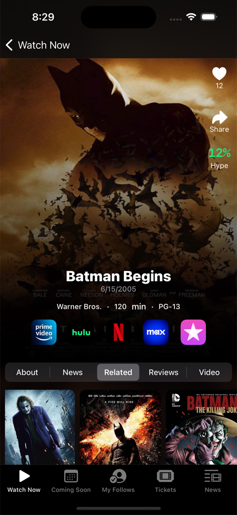 Movies Now! Stream Movie Apps - Movie details for Batman Begins on Movies Now app featuring streaming availability and AI hype meter