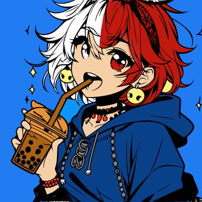 hot baddie anime girl drinking boba and biting the straw