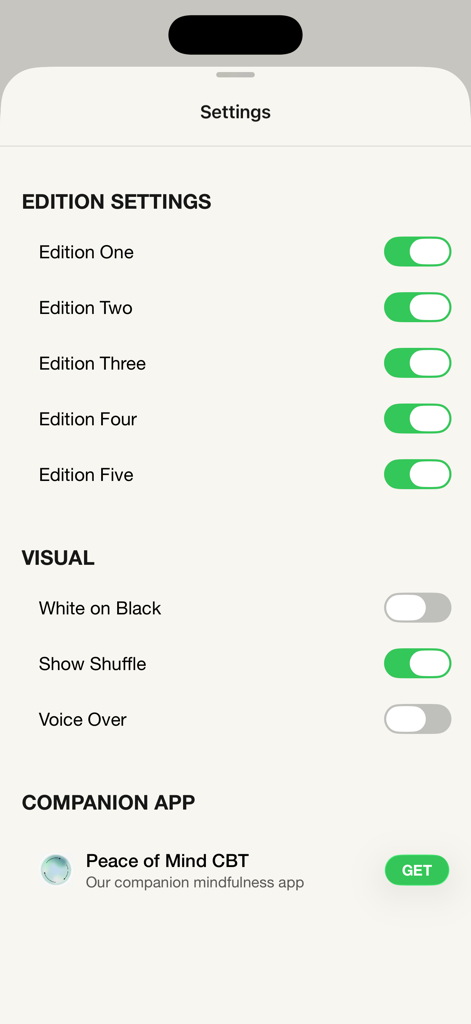 Settings menu for Oblique Strategies SE showing options to toggle different editions and visual preferences