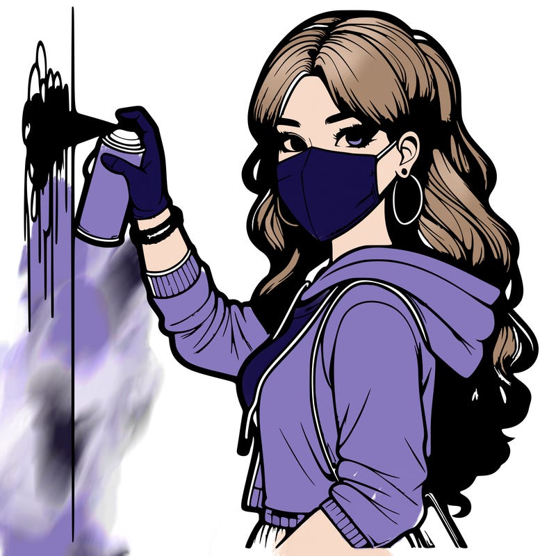 realistic girl with mask spray painting a wall