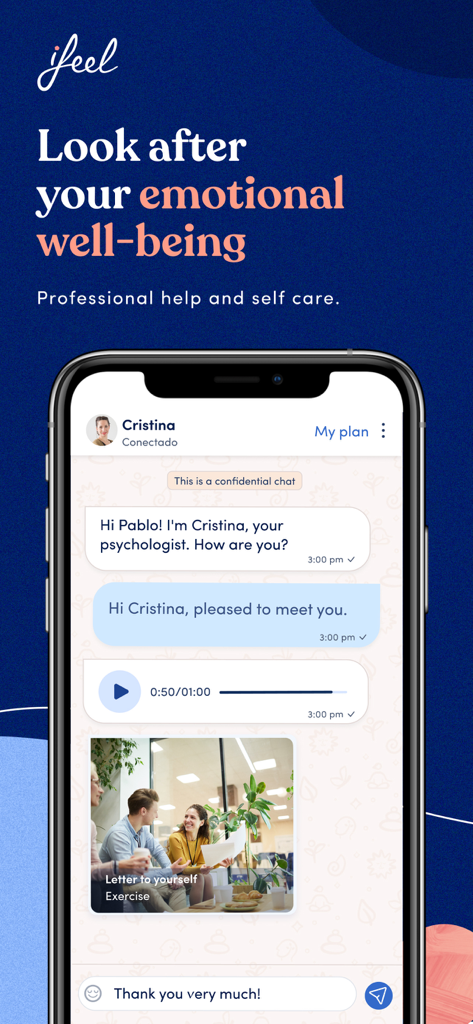 Un smartphone mostrando una interfaz de chat confidencial con un psicólogo profesional en la aplicación ifeel.
