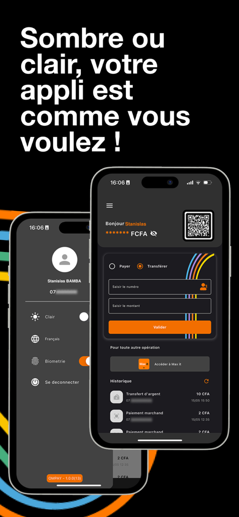 OM Pay - Interfaz de la aplicación móvil OM Pay que muestra temas de modo oscuro y claro para transacciones financieras y configuración de cuenta.