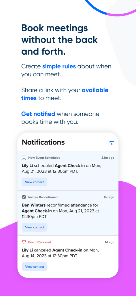 Calendly Mobile - Notificaciones de la aplicación Calendly Móvil mostrando alertas de reuniones reprogramadas, confirmadas y canceladas