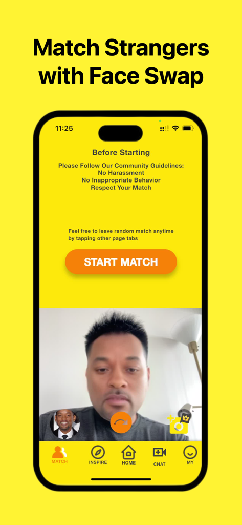Amigo AI - FaceSwap Video Call - Smartphone screen showing the Amigo AI match interface with a real-time celebrity face swap on a video call.