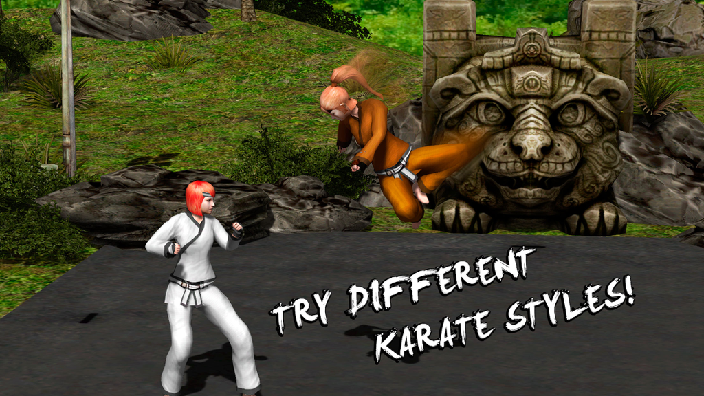 Karate Do Fighting Tiger 3D - Two karate fighters in a 3D battle arena with a stone statue background and text saying try different karate styles