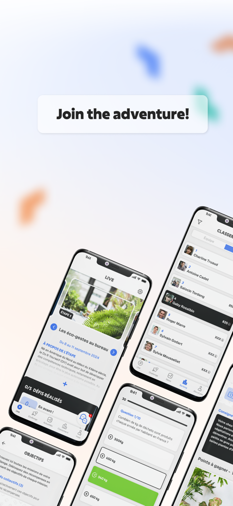 OuiLive - Un montaje de interfaces de la aplicación móvil OuiLive que muestran la participación del equipo y los desafíos de bienestar.