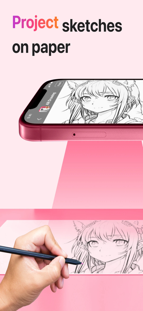 AR Drawing – Trace & Sketch - Smartphone using an AR drawing app to project an anime sketch onto paper for tracing