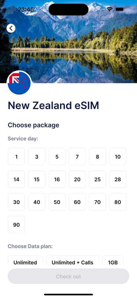 Gigagoアプリ画面、ニュージーランド旅行用eSIMプランの選択、サービス日数とデータオプションを含む