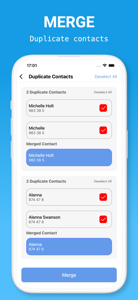 AI Cleaner—Clean Phone Storage - Mobile app interface showing a list of duplicate contacts with checkboxes to merge them into single entries.