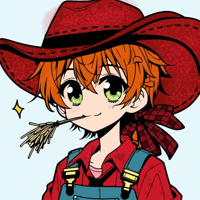 one anime girl with cowboy hat cowboy boots and overalls with straw in her mouth