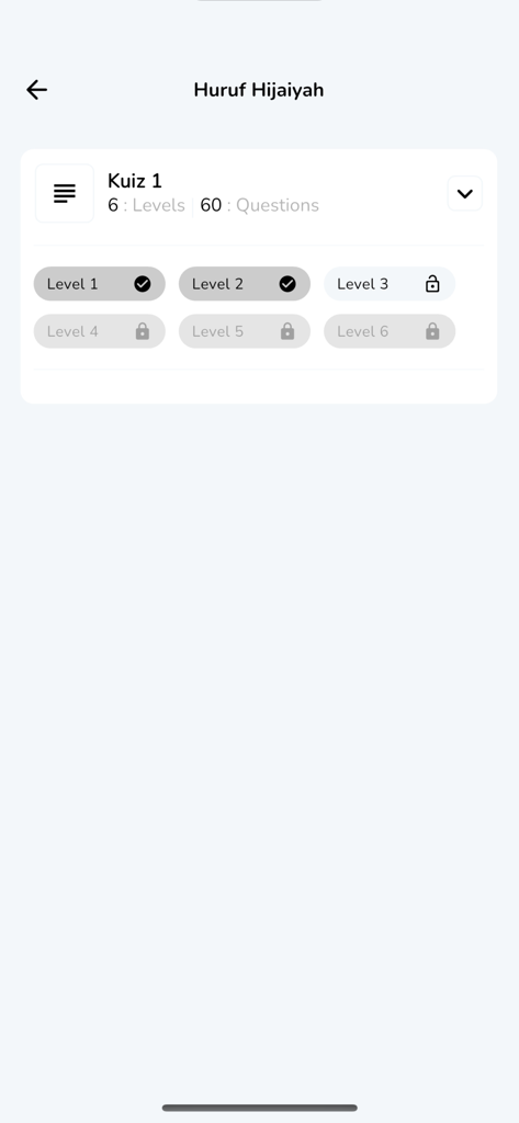 JomTajwid Quiz - JomTajwid Quiz level selection screen for Huruf Hijaiyah
