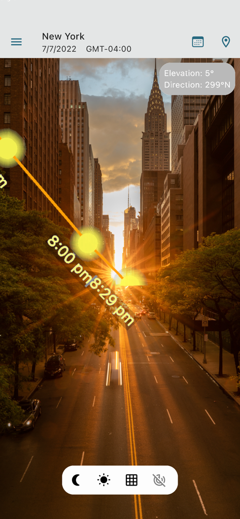 Sun Position Sunrise & Sunset - Augmented reality camera view showing the sun path and sunset time in a city