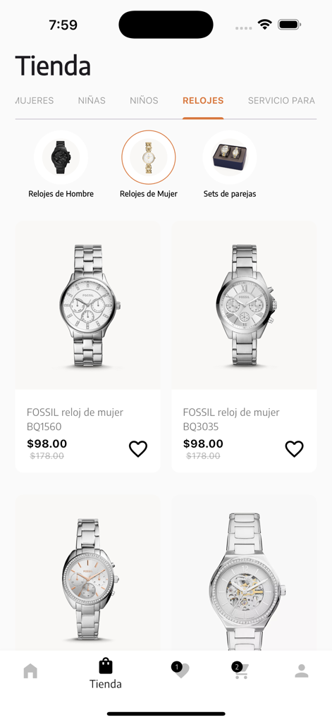 Ecuadelivery - Ecuadelivery App Storefront mit einer Auswahl an Fossil-Uhren für Damen mit Preisen in USD