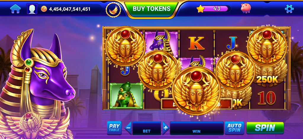 Gameplay of the Eternal Pharaoh slot machine in the GSN Casino app featuring Egyptian symbols and golden scarabs